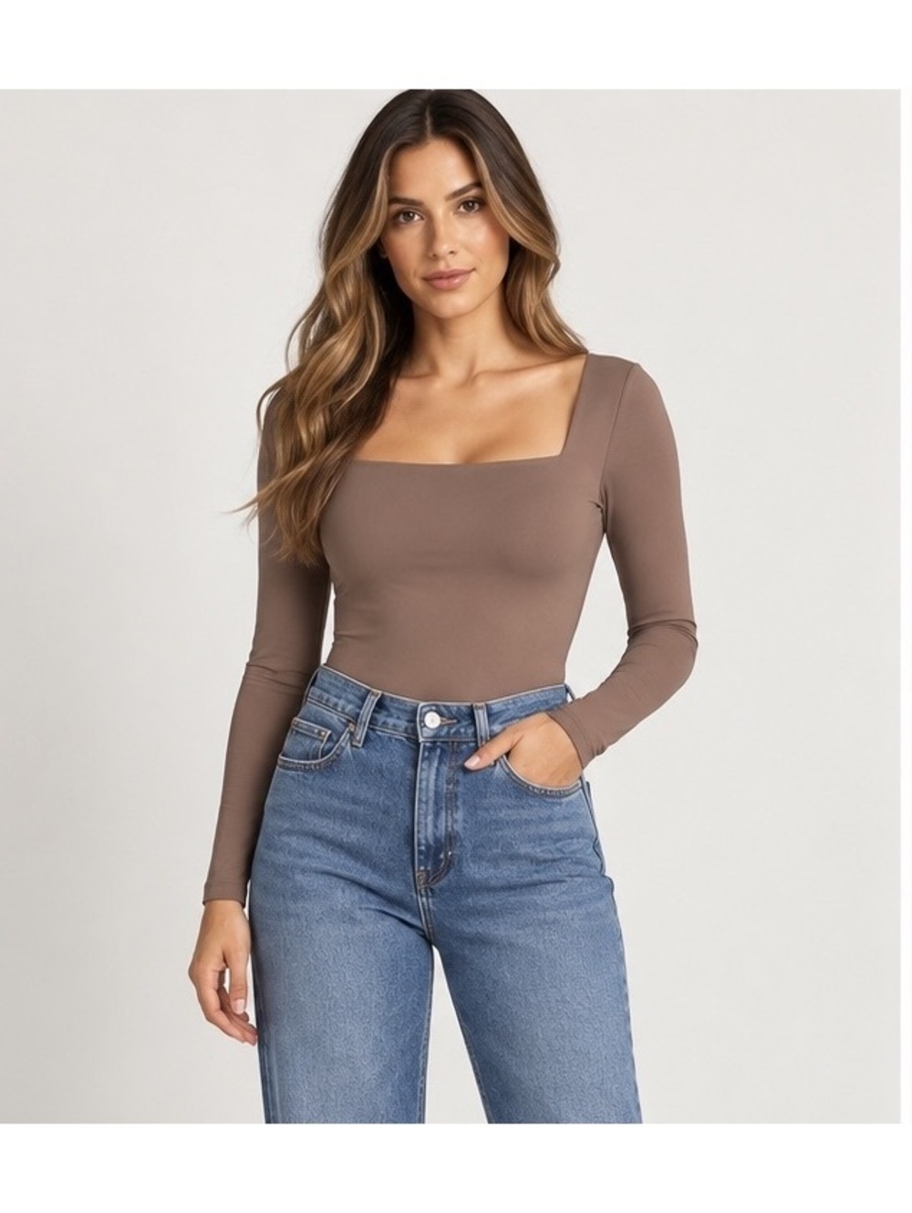 Aritzia Babaton Contour Squareneck Long Sleeve Bodysuit Brown XL